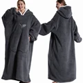 Extra Long Wearable Blankets Winter Flannel Hooded Blanket with Full Sleeves Men Women Cozy Soft Throw Adult TV Blanket