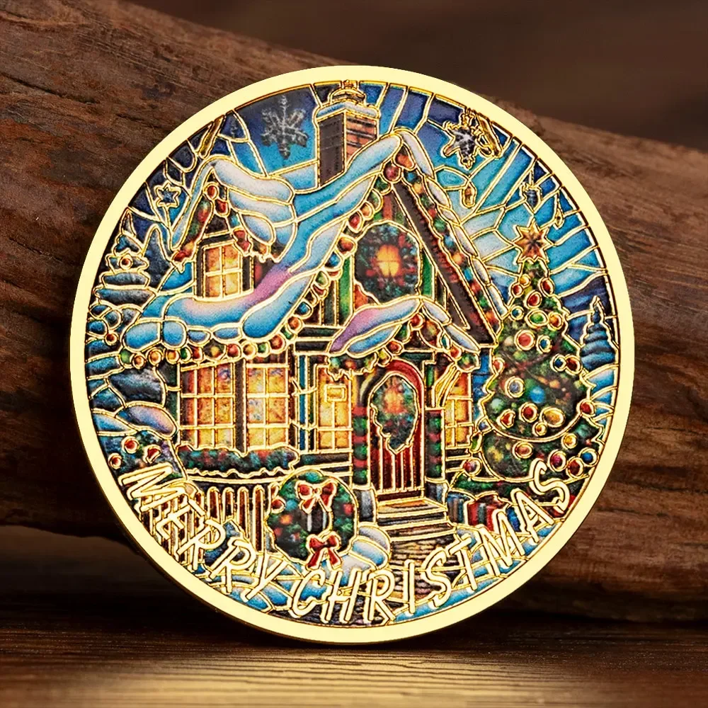 Christmas House in The Snow and Xmas Tree Golden Plated Commemorative Holiday Collectible Coins Home Decortion-animated-img