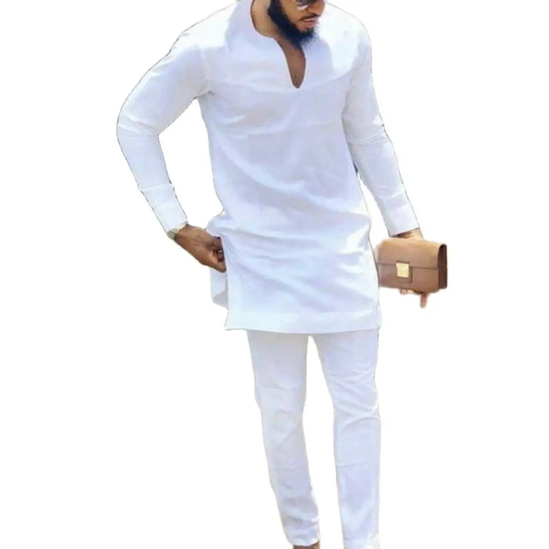 Men's Shirt Solid White Long Sleeve Tops+ Trousers Simplicity Design Pant  Suits African Outfits Party Wear