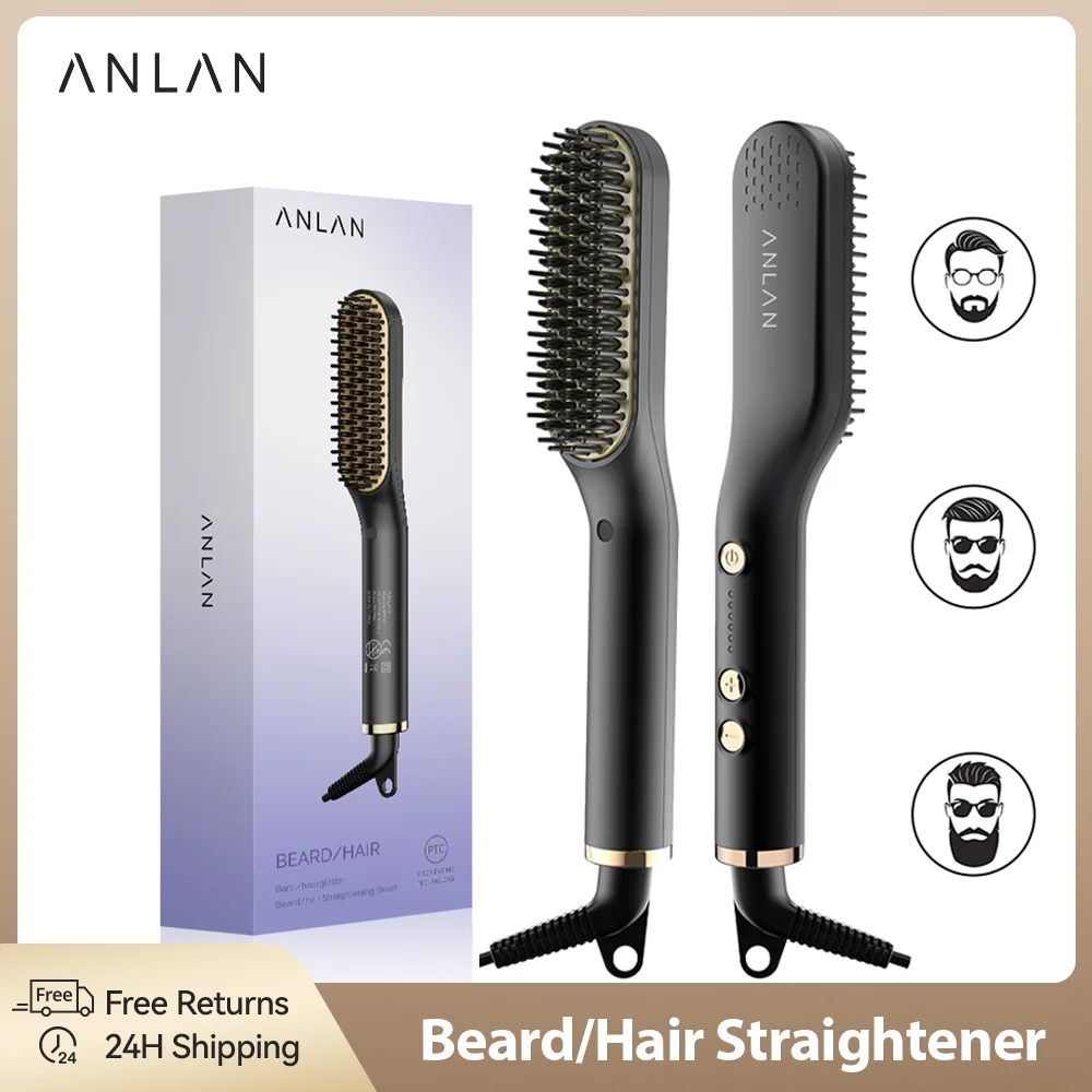 ANLAN Beard Hair Straightening Brush Hot Heated Comb Men Beard Multifunctional Straightener Ceramic Comb Quick Hair Styler-animated-img