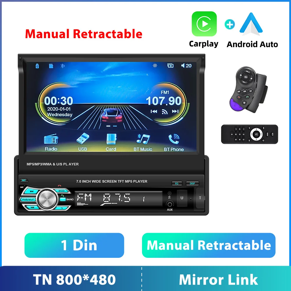 1 Din Car Radio Stereo Autoradio 7 Retractable Screen android Car Radio  Multimedia Player For Volkswagen Nissan Hyundai Kia