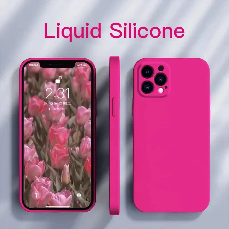 Fashion Solid Color Liquid Silicone Case For iPhone 15 14 13 11 12 Pro Max Mini 14 Plus XR X XS Max Shockproof Soft Cover funda-animated-img