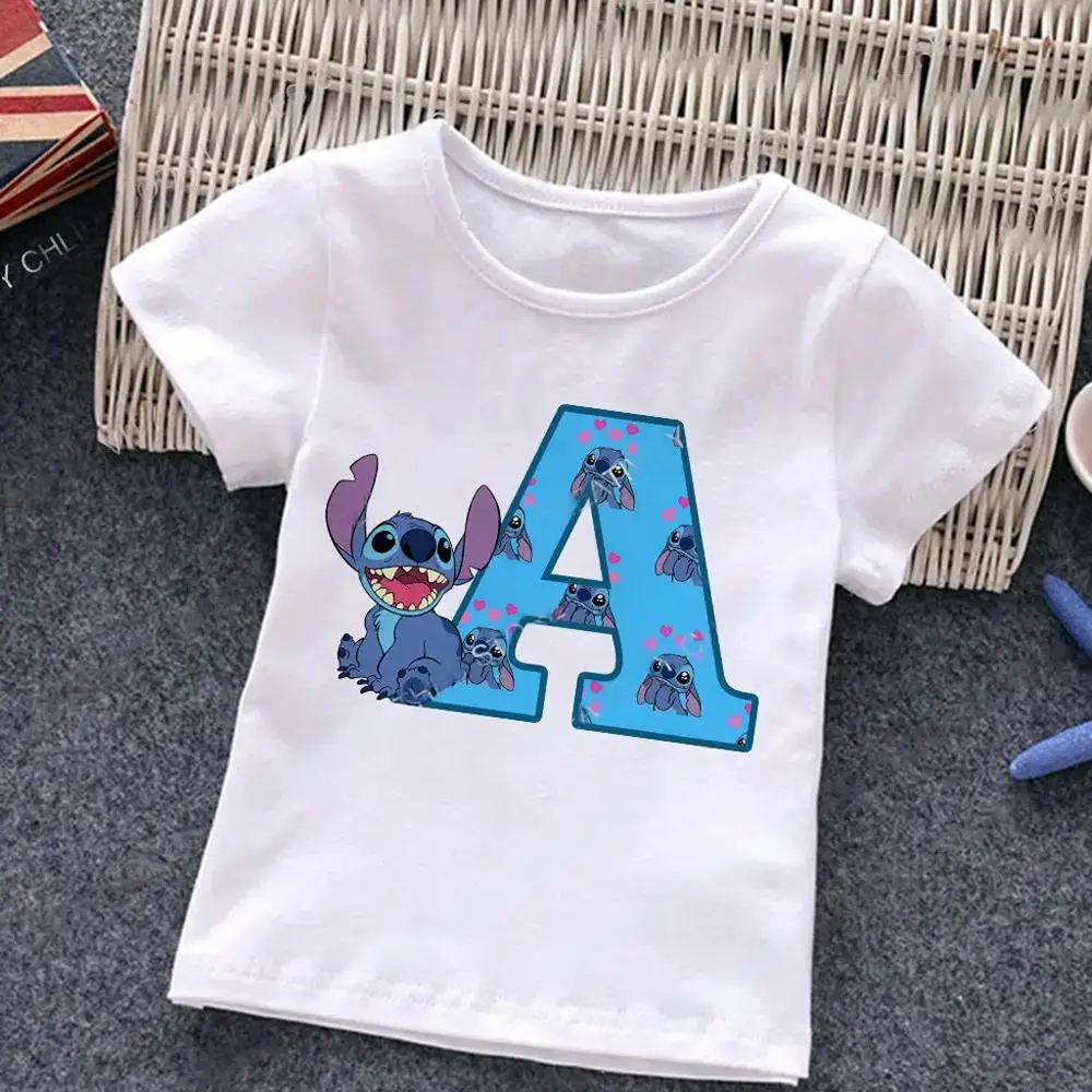 Stitch Letter A B C D Children Cotton T-Shirt Combination Tee Shirts Cartoons Kawaii Kid Casual Clothes Girl Boy Harajuku Tops-animated-img