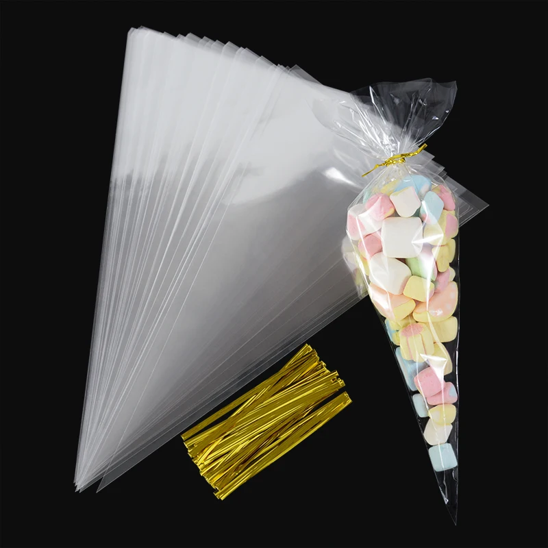 50pcs Clear Cone Candy Storage Bags Cones Transprant Plastic Bag Popcorn Candy Bags for Baby Shower Wedding Party Bags Supplies-animated-img