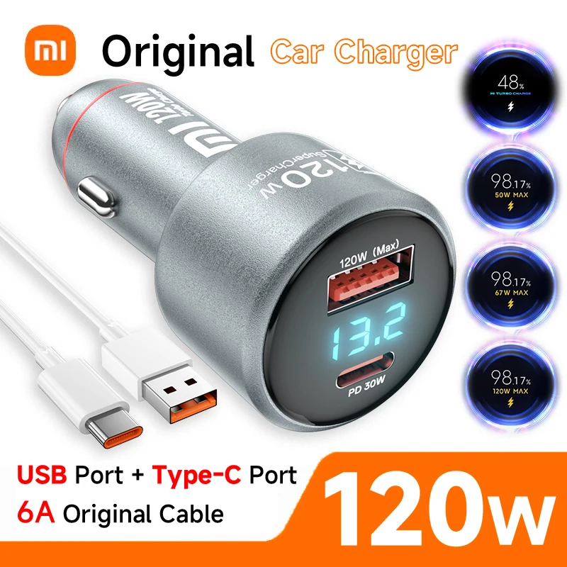 Original Xiaomi Type C USB 120W Car Charger Fast Turbo Charge 67W 33W Mi 14 13 13T 12 Pro Redmi Note K60 LED POCO X6 6A Cable-animated-img