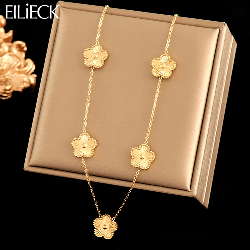 EILIECK 316L Stainless Steel Gold Color 5-Leaf Flower Necklace For Women Fashion New Party Gift Clover Neck Chain Jewelry Collar-animated-img