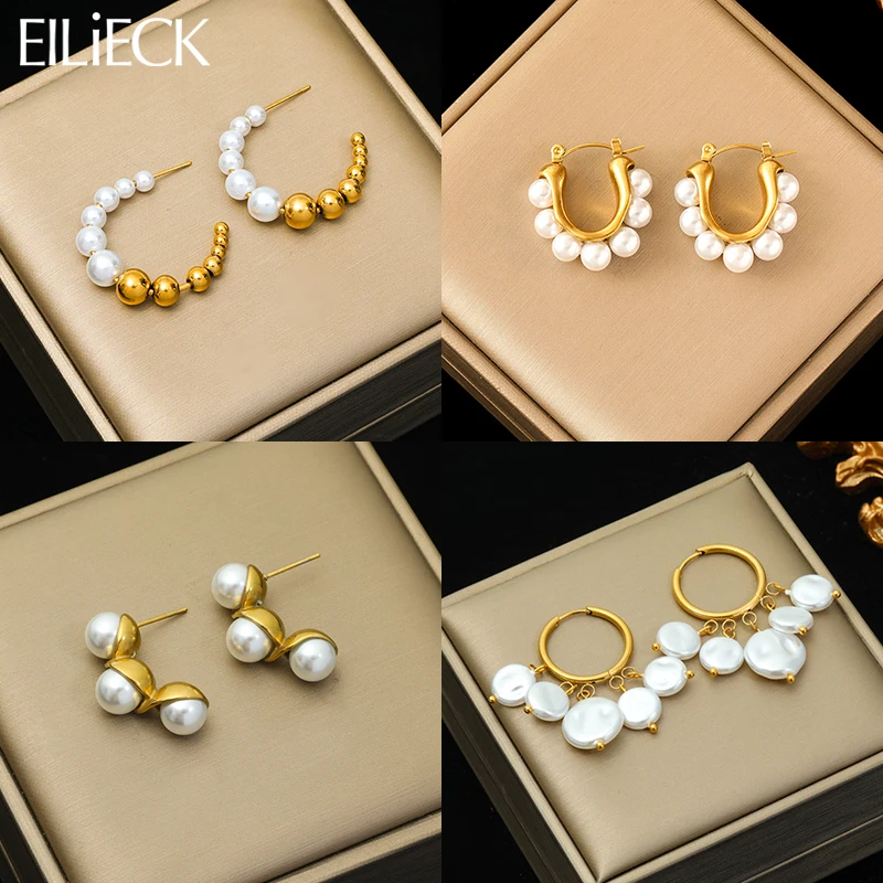 EILIECK 316L Stainless Steel Pearl Earrings For Women Fashion New Holiday Gift Gold Color Waterproof Ear JewelryBijoux Серьги-animated-img