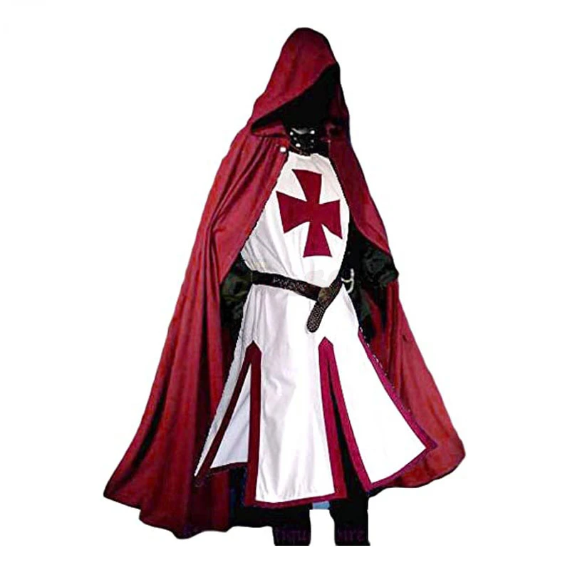 S-4XL Mens Medieval Crusader Knights Templar Tunic Cosplay Costumes Renaissance Halloween Surcoat Warrior Black Plague Cloak Top-animated-img