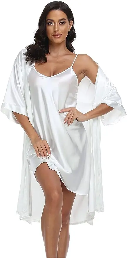 Women's Silk Satin Pajamas 2Pcs Sexy Silky Pj Robe Set with Chemise Nightgown-animated-img