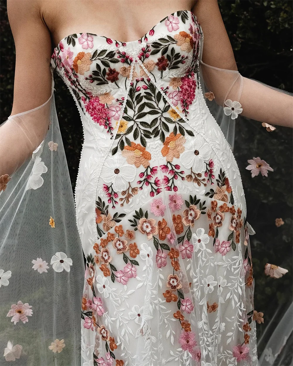 Sansa Real Photos Colorful Flowers Embroidery Lace Wedding Dress Strapless Boho Low Back Custom Bridal Gown Customized 2024-animated-img