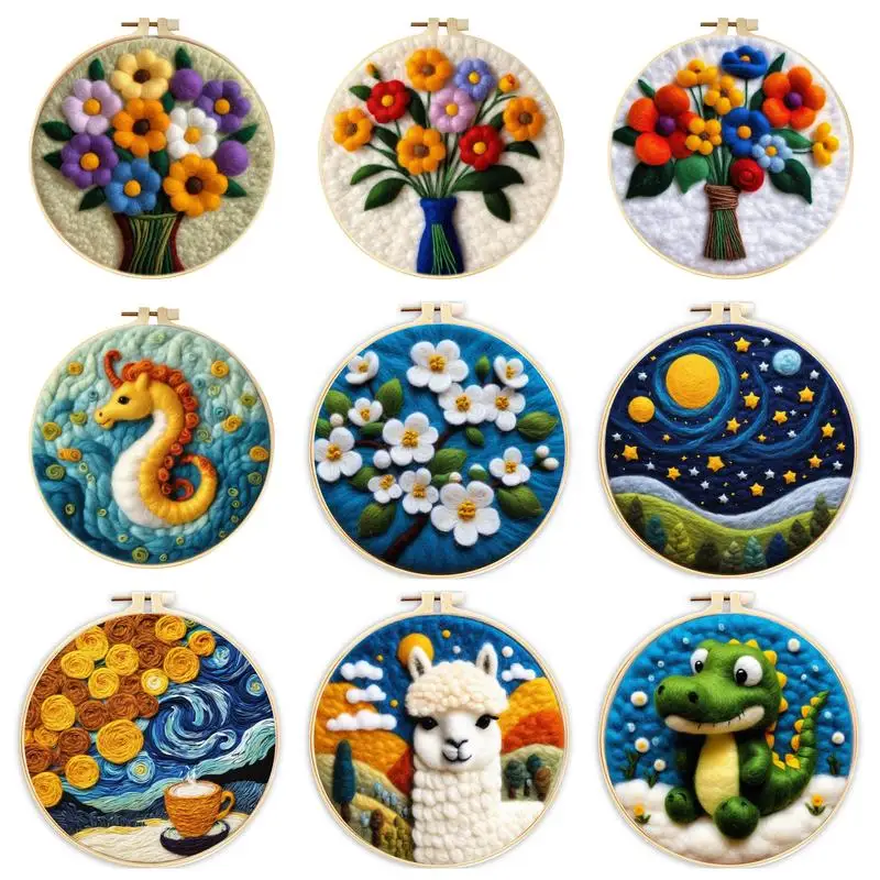 20x20cm Needle Felt Beginner Kit Flowers Wool Needle Felt Painting Diy Crafts With Picture Frame Foam Pad Wool Bag Needle Felt-animated-img