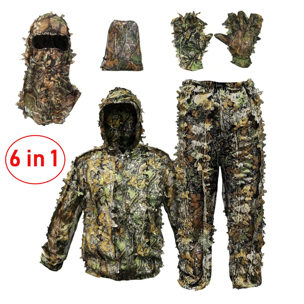 Breathable Camouflage Hunting Suit for Men Woman Lightweight and Hooded Wild Leafy Design woodland hunter ghillie suit  6 in 1-animated-img