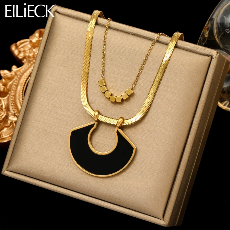 EILIECK 316L Stainless Steel Exaggerated Black Geometric Pendant Necklace For Women Fashion 2-Layer Neck Chain Jewelry Gift-animated-img