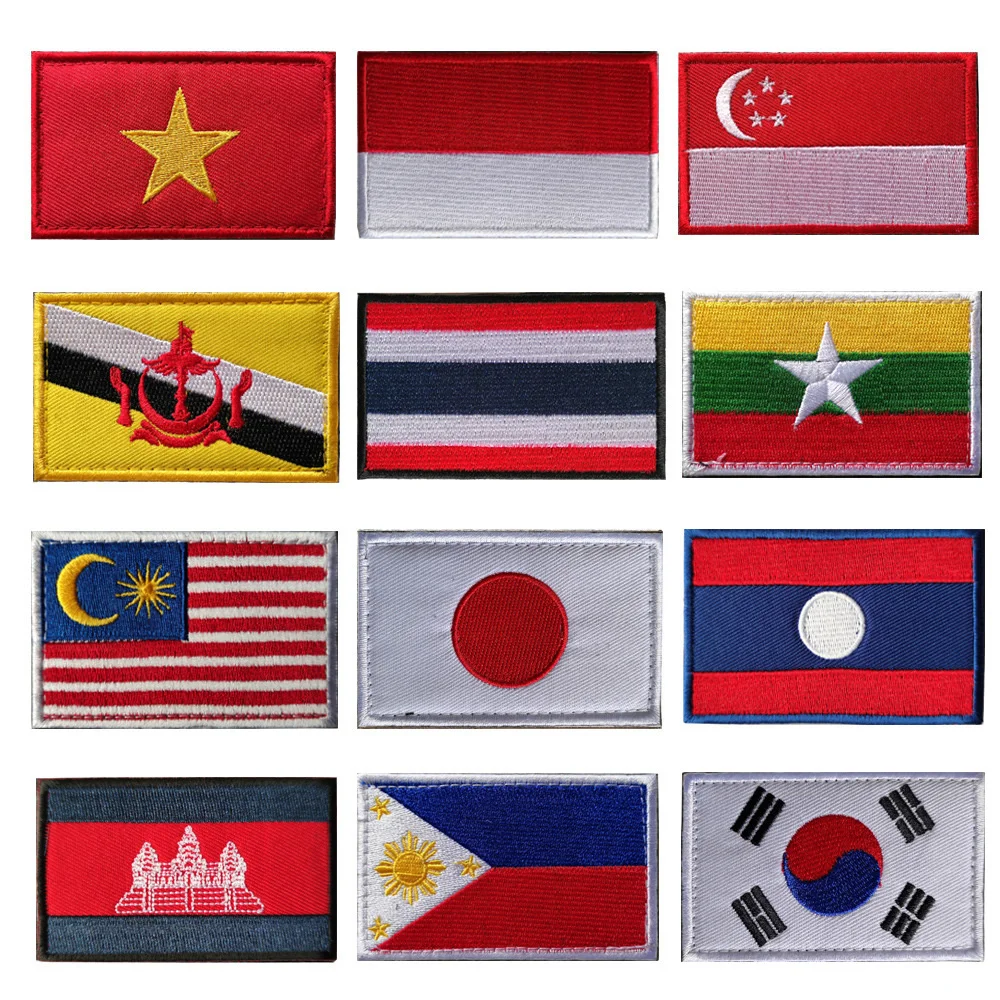 Southeast Asian Flag Embroidery Patch South Korea Japan Indonesia Singapore Laos Thailand Flag Patch Army Decal Stripe Emblem-animated-img