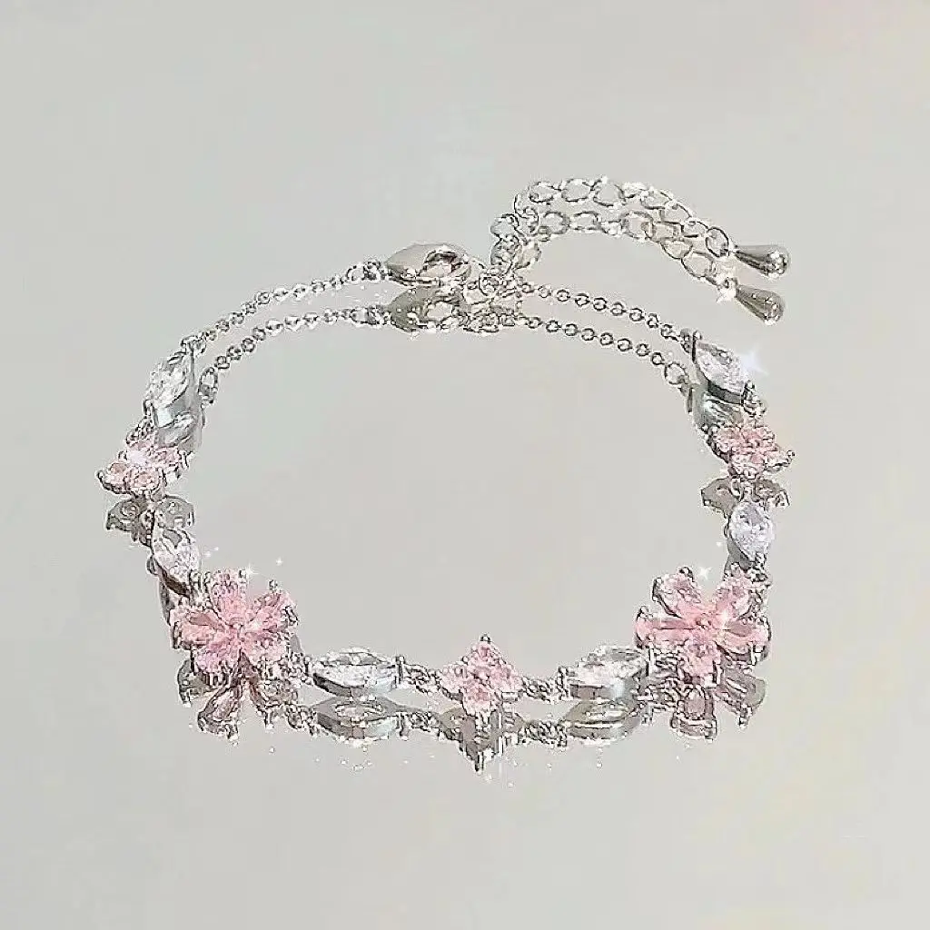 Shiny Pink Crystal Cherry Blossom Bracelets For Women Girls Sweet Moon Bow Flowers Zircon Bracelet Party Aesthetic Egirl Jewelry-animated-img