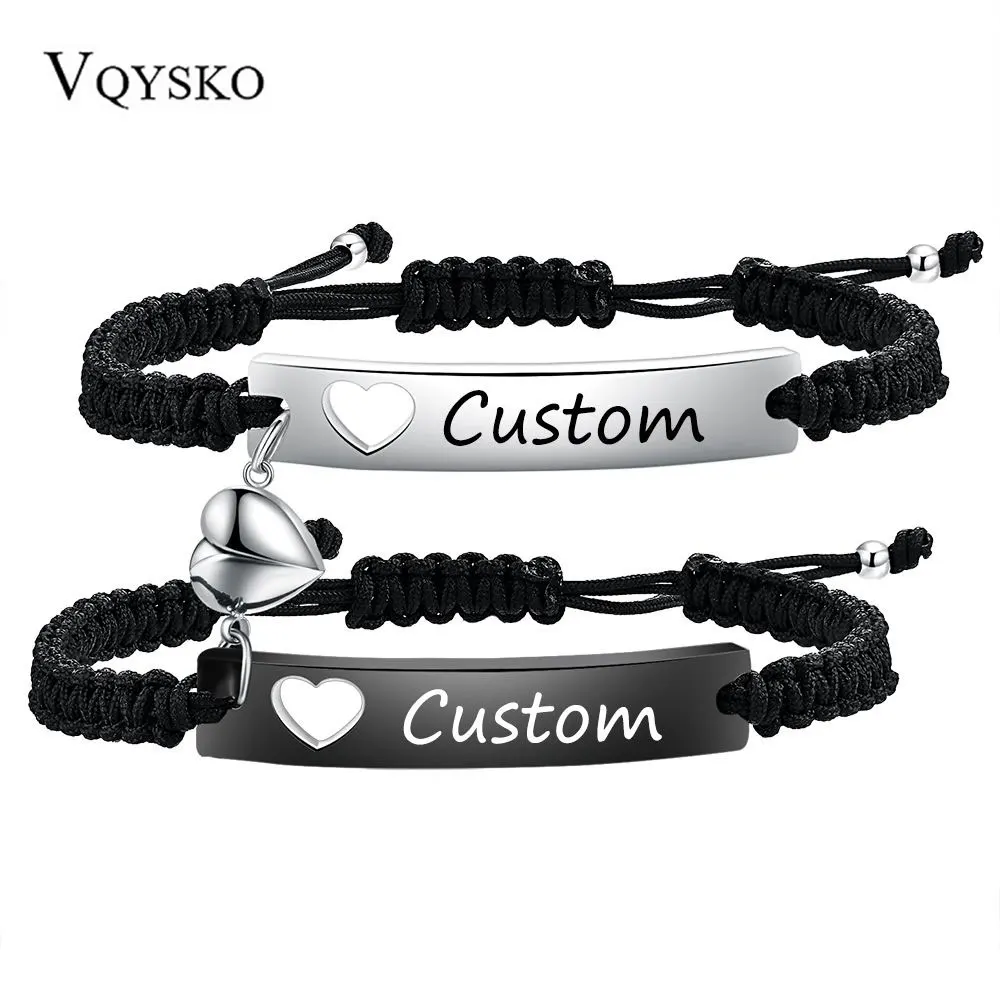 Custom Stainless Steel Couple Bracelet Set Black Woven with heart magnetic suction Bracelet for Women Men Jewelry Accessories-animated-img