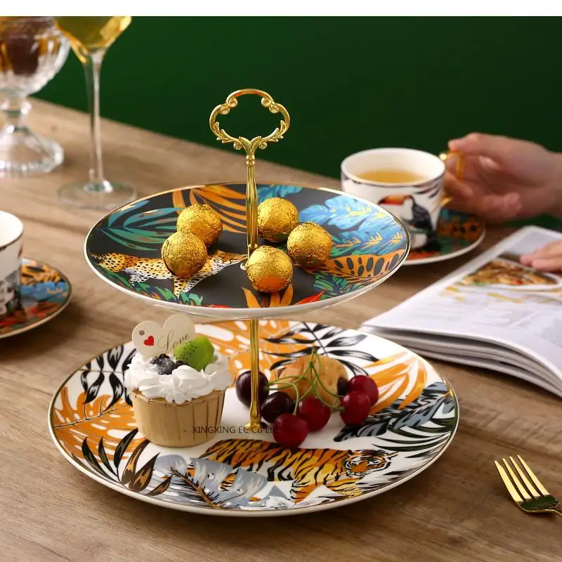 Nordic Light Luxury Cake Stand Double Fruit Plate Fantasy Jungle Animal Tray Household Dim Sum Candy Plate Ceramic Tableware-animated-img