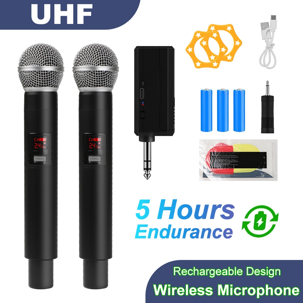 Wireless Microphone UHF Fixed Frequency 2 Channels Handheld Mic Micphone For Party Karaoke Professional Church Show Meeting-animated-img