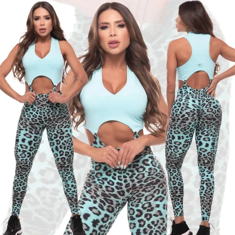 Sport Bra Scrunch Pant Leopard One Piece Jumpsuits - Women's Active Wear Suits for Gym Fitness Workout Legging.-animated-img