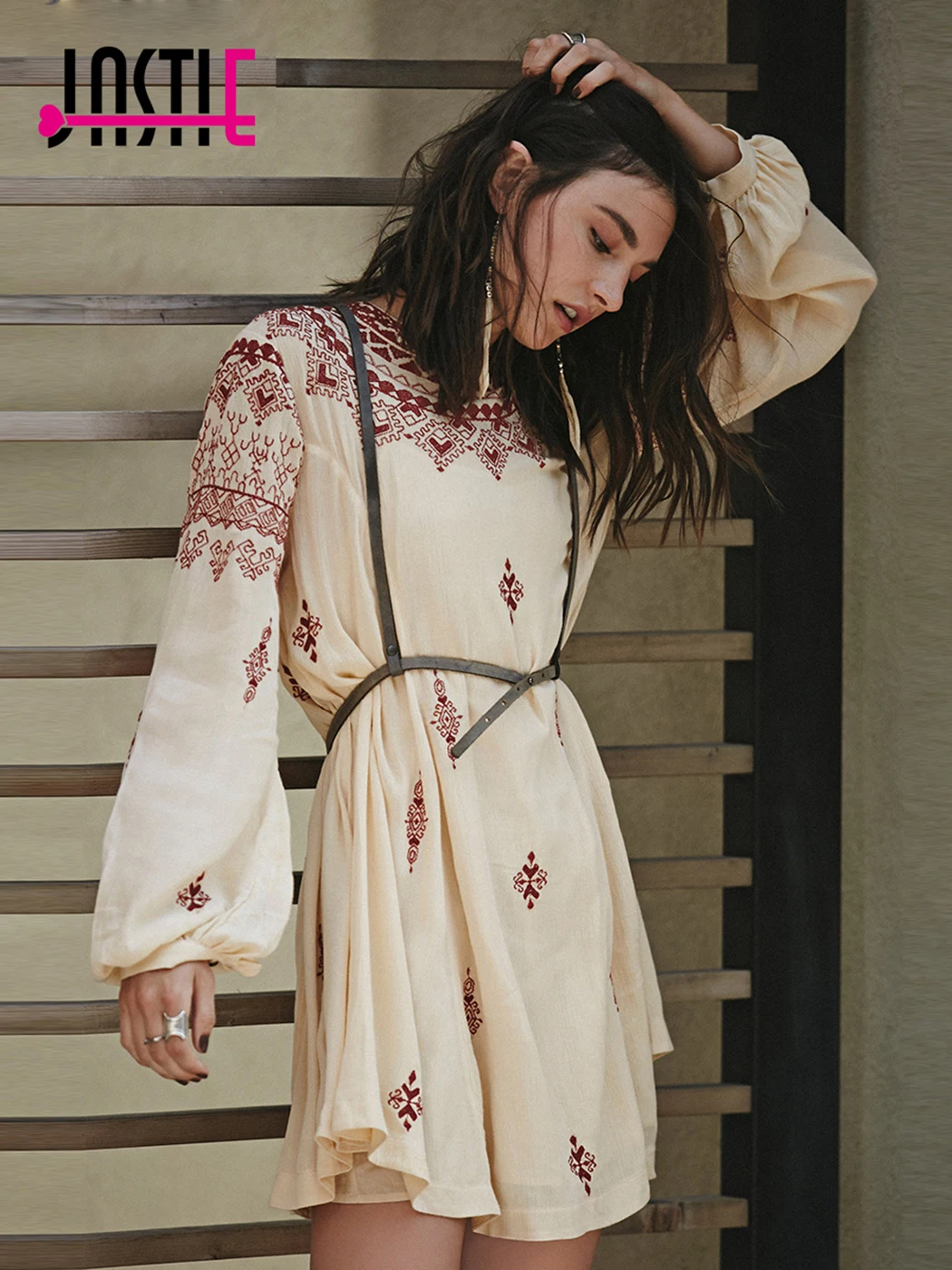 Jastie Boho Embroidered Mini Dress 