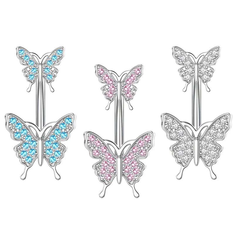 Stainless Steel Double Headed Butterfly Zircon Piercing Fake Belly Button Ring Body Jewelry For Women Ornaments-animated-img