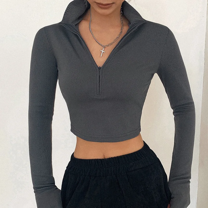 Spring Women Stand Collar Long Sleeve Cropped Knitted T-shirts Summer Lady Slim Half Zip Up Stretch Tee Tops CKFZ-5777-animated-img