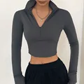 Spring Women Stand Collar Long Sleeve Cropped Knitted T-shirts Summer Lady Slim Half Zip Up Stretch Tee Tops CKFZ-5777 preview-1