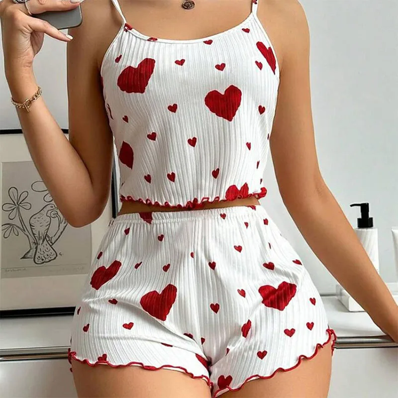 Women's Pajamas Set Sleepwear 2 PCS Short Tank Tops And Shorts S M L White Ventilate Soft Casual Love Printing-animated-img