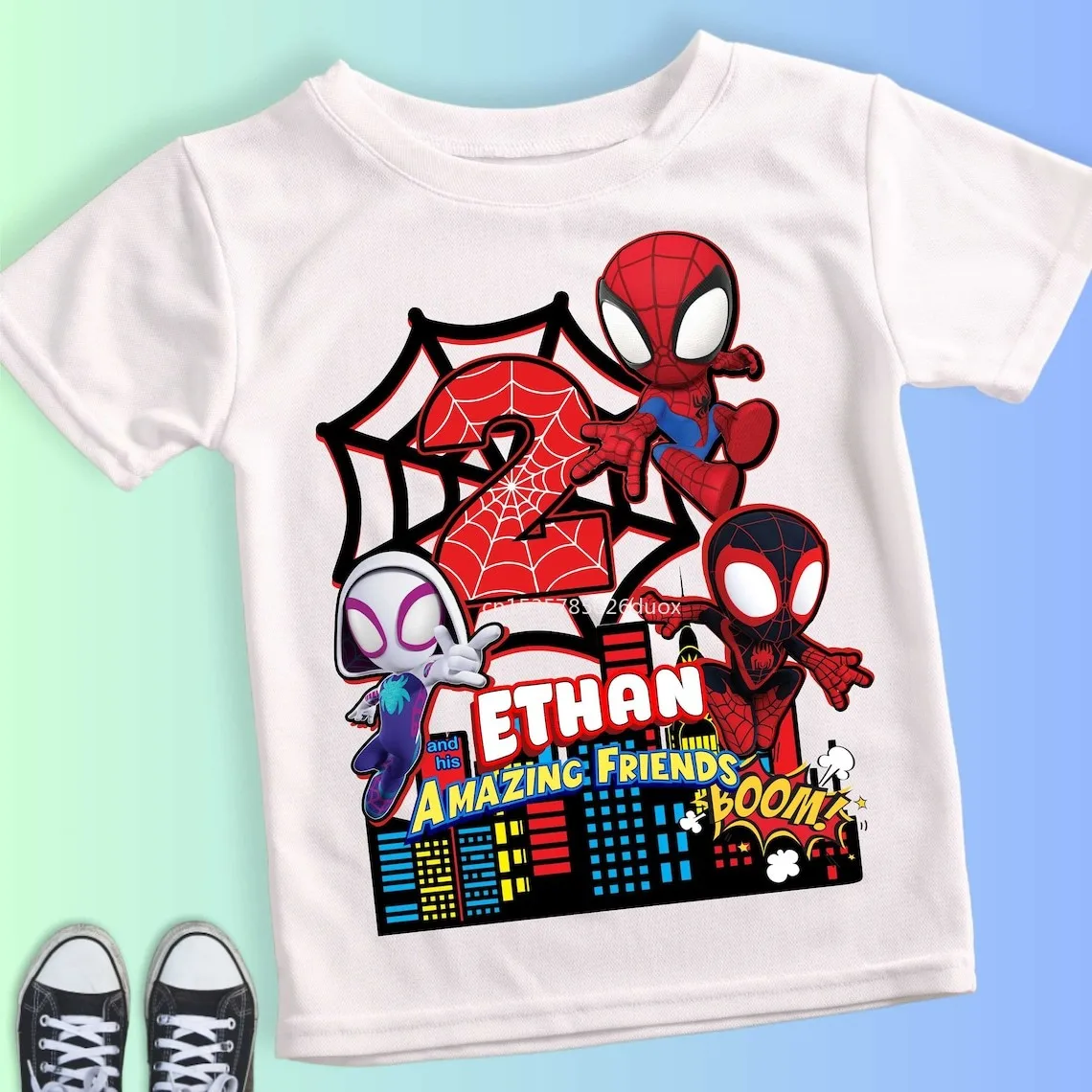 Summer Kid 2 3 4 5 6 7 8 9 Spider Man and His Friends Birthday White Shirt Spider-Man Customized Name Birthday Party Boy T-shirt-animated-img