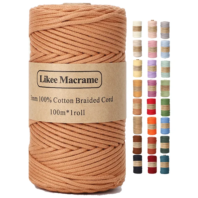 Likeecords 100% Cotton 3mm Macrame Rope 100m Braided Macrame Cord Colorful  Craft Cord for Bag,Wall Hanging, Plant Hangers