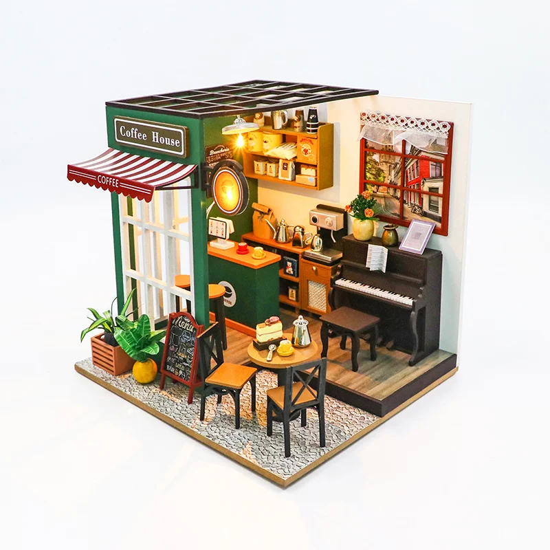 DIY 3D Puzzles Wooden Toy Miniature Dollhouse Handmade Doll House Model Building Kits Coffee House Toys For Children Gifts-animated-img