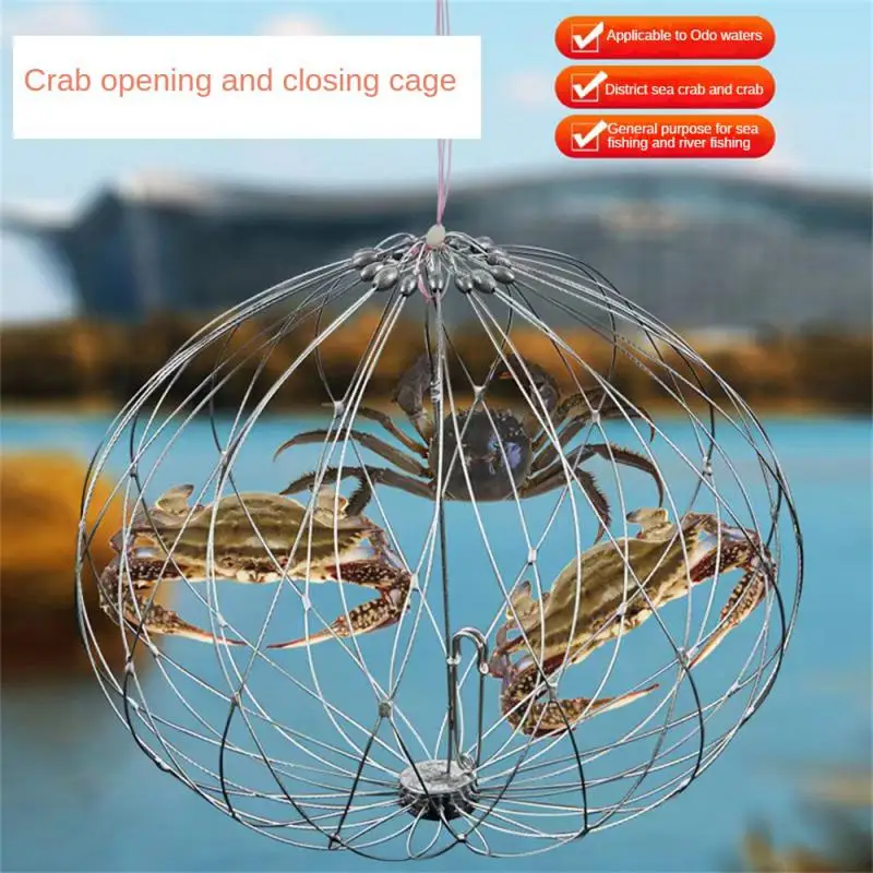 קנו אלי אקספרס  1pc Crab Opening Cage 52/62CM Dual-use Automatic Open  Closing Folding Stainless Steel Wire Fishing Net Cage Fishing Tools