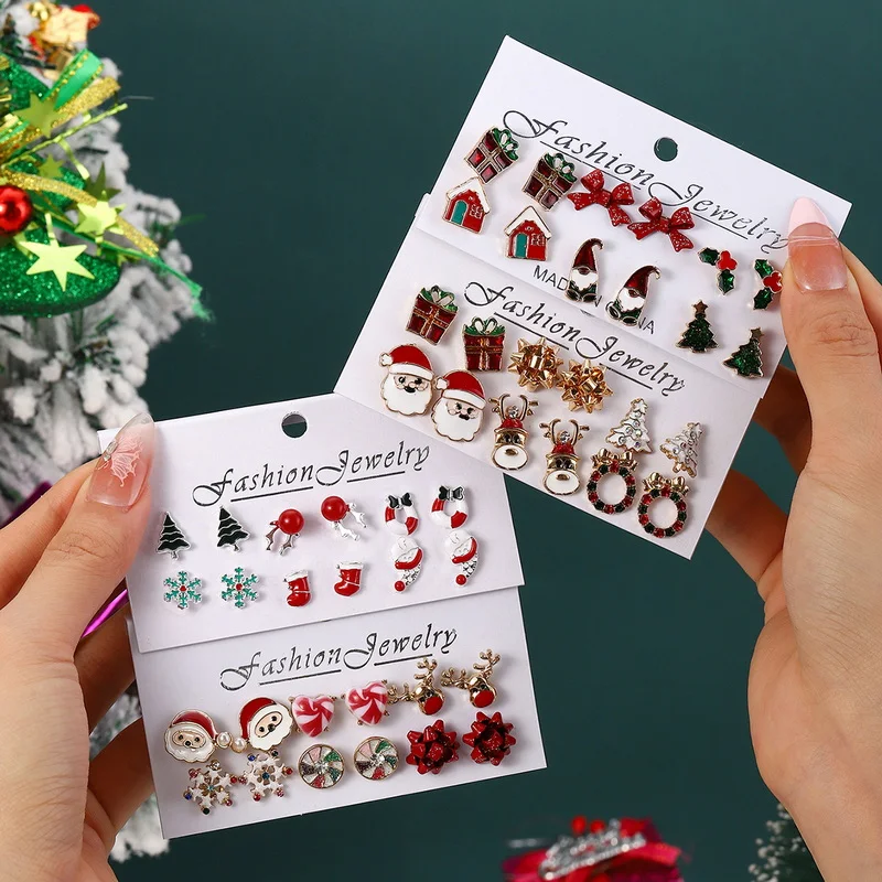 6 Pairs Christmas Combination Earrings Set for Women Shiny Zircon Xmas Tree Snowflake Santa Claus Stud Earring Party Jewelry-animated-img