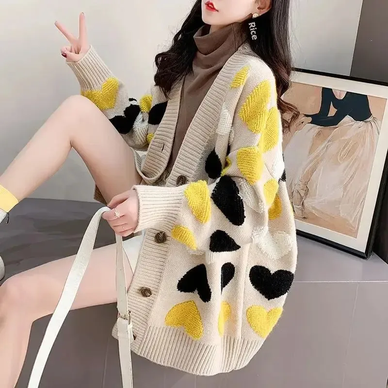 Loose-Fit Idle Style Women's Sweater Jacket Spring Autumn Thickened 2024 New Korean Version Versatile Long Knitted Top Cardigan-animated-img