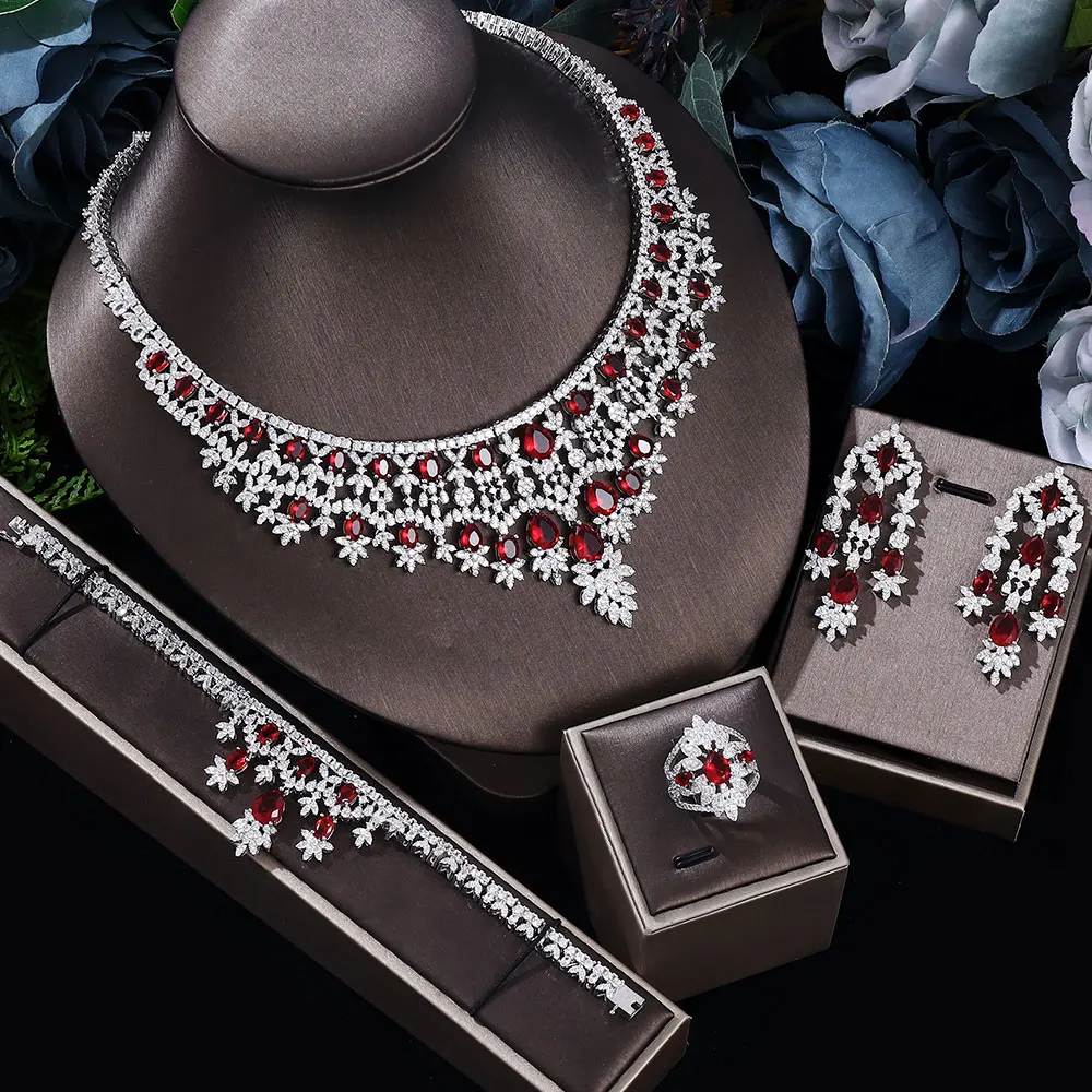 2022 New 4-piece suit Cubic Zirconia Bride Jewelry Set Women's Party, Deluxe Dubai Crystal Wedding Jewelry Set-animated-img