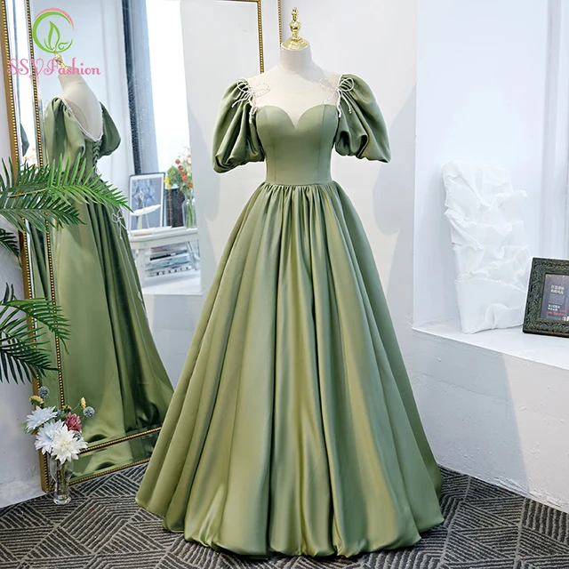 Avocado Green Satin Evening Dress 