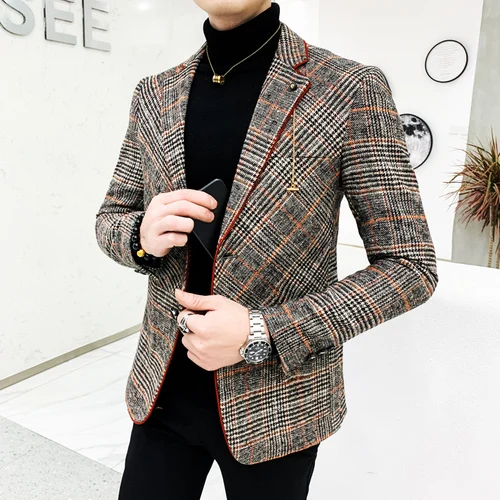 British Style Plaid Blazer for Men Suit 