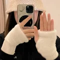 2024 New Mink Fleece Half Finger Gloves for Women's Soft Winter Warmth Luxury Solid Color Plush Knitted Fingerless Gloves preview-5