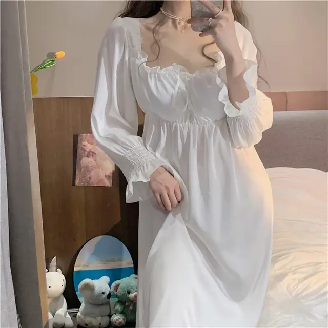 Купить Алиэкспресс  Sleepwear Female Long Nightdress Retro Palace Style  Princess Nightgown Sleepdress Spring Casual Rayon Home Dress Lounge Wear