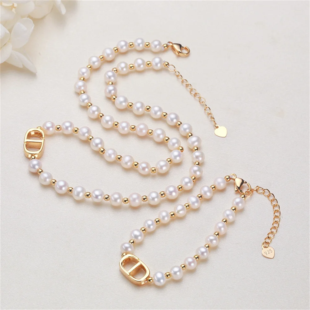 White 100% Natural Freshwater Pearl Bracelet Necklace CD Buckle Set Women's Fashion Party Wedding Gift