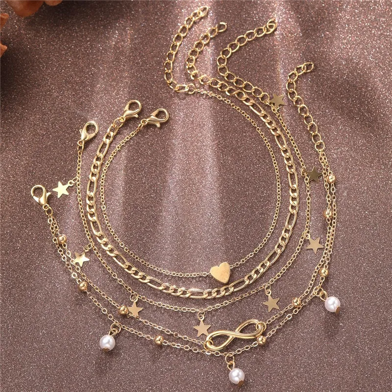 Bohemia Gold Color Pearl Ankle Bracelet Set For Women Butterfly Heart Star Charm Anklet Chain On Leg Boho Jewelry-animated-img