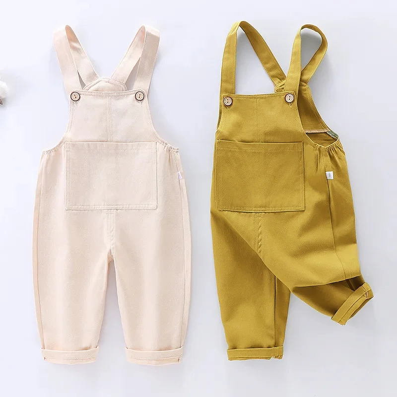 Spring Autumn Baby Girls Children Long Pants Toddler Fashion Boys Trousers Pocket Solid Kids Casual Jumpsuit Overalls 2 to 6 Yrs-animated-img