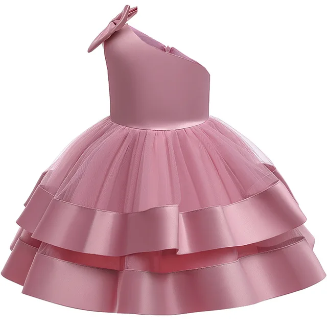 Summer New Princess Dress for Girls Aged 0-5 with Bow and Oblique Shoulder Birthday Party Performance Elegant Girl Evening Dress-animated-img