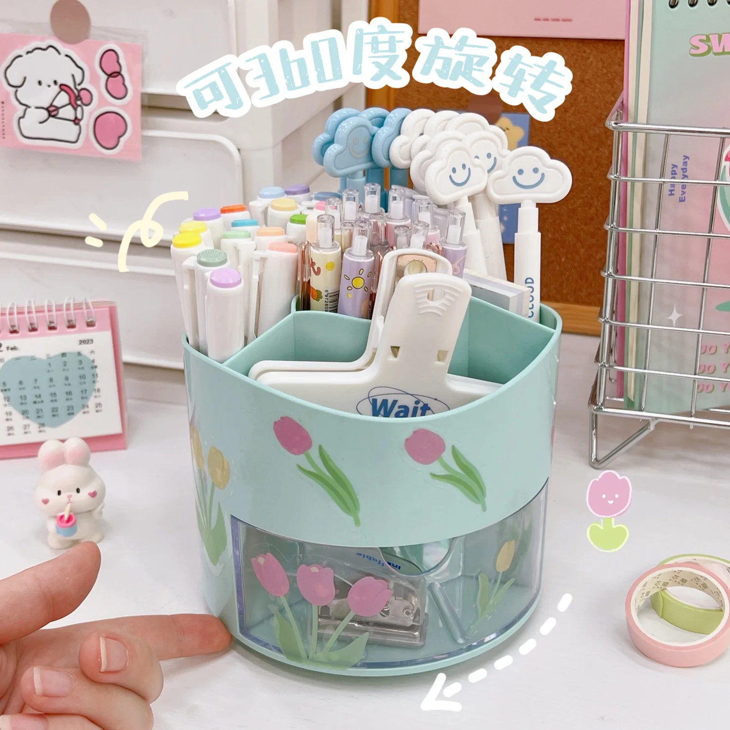 קנו אלי אקספרס  Cute Rotating Pen Holder Desktop Drawer Stationery Box  Case School Office Desk Kawaii Stationery Storage Box Organizer Stickers