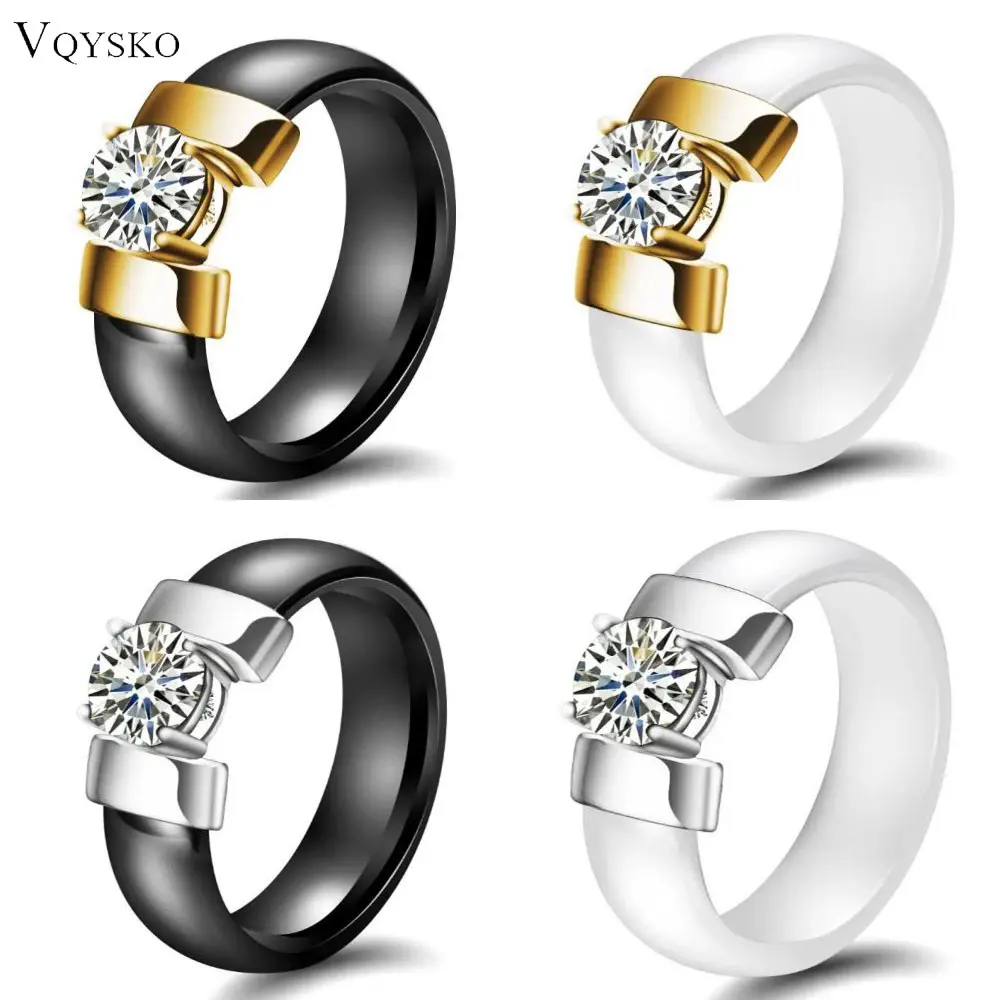 White Black Ceramic Rings Plus Cubic Zirconia For Women Gold Color Stainless Steel Women Wedding Ring Engagement Jewelry 6mm-animated-img