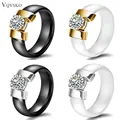 White Black Ceramic Rings Plus Cubic Zirconia For Women Gold Color Stainless Steel Women Wedding Ring Engagement Jewelry 6mm