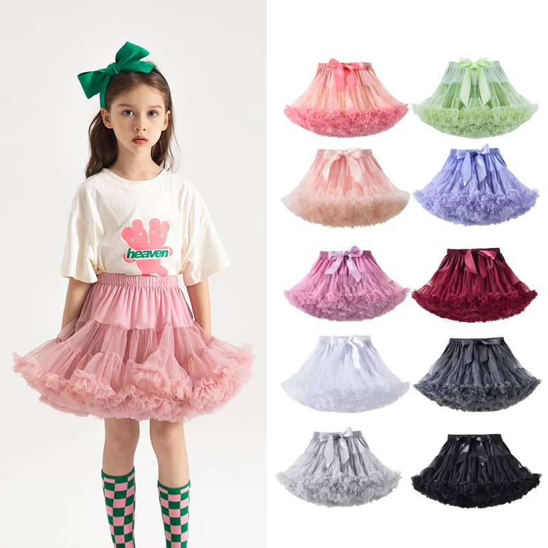 Short Lush Kids Tutu Skirt for Girls Pink Tulle Skirt Puffy Cotton Lace Children's Baby Ruffle  Skirts Baby Clothes with Bow Tie-animated-img