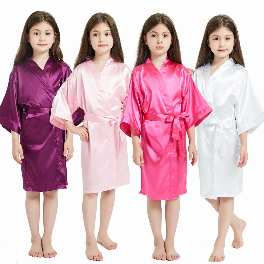 3 5 7 9 11 13 Years Girls Bathrobe Pink White Silk Robes Kid Summer Nightgowns Children's Kimono Robe Wedding Spa Party Birthday-animated-img