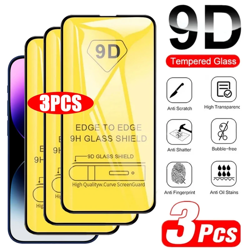 3PCS 9D Screen Protector Tempered Glass Case For iPhone 15 14 13 11 12 Pro Max Mini X XS Max XR 7 8 Plus Glass Tempered Film-animated-img