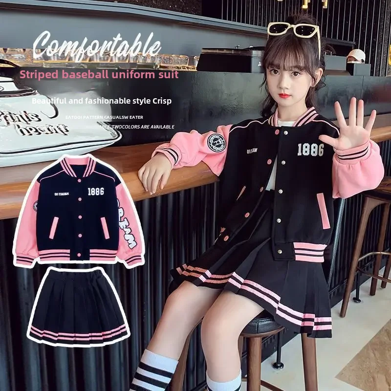 Girls Korean Style Pleated Skirt Set 2024 Autumn New Fashionable Mid To Large Children's Baseball Jersey Mini Dress 2-piece Set-animated-img